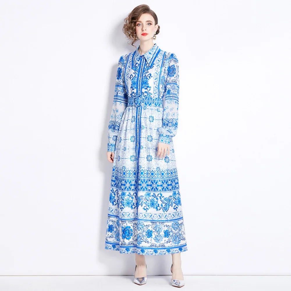 India and Pakistan Clothing 
Muslim Fashion Round Neck Long Sleeve Maxi Dresses With Sashes Elegant Fresh Green Printed Abaya Dubai Pakistan Clothing Women