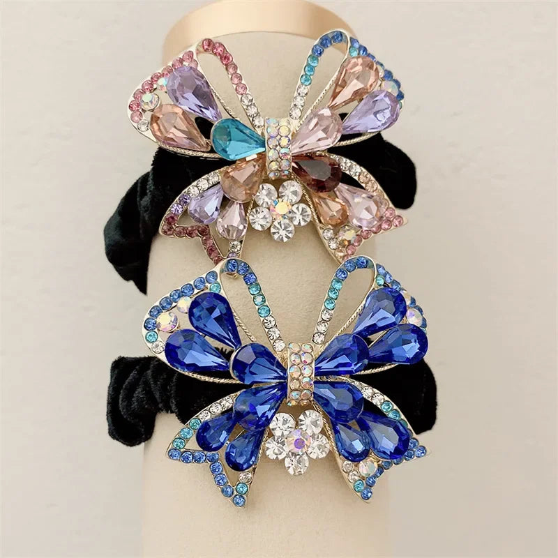 Elegant Look Korean Flash Crystal Rhinestone Bow Flower Elastic Hair Bands Hair Tie Autumn Office Headdres Luxury Jewelrys Gifts for Girls