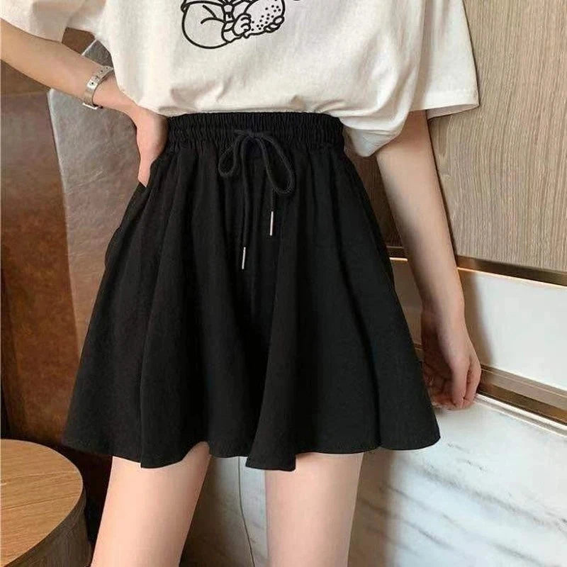 Shorts Summer Shorts Skirts Women Elastic High Waist Casual Wide Leg Shorts Korean A Line Loose Mini Skirt Black Short Pants