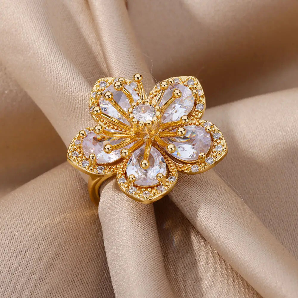 Luxury  Rings Pink Zircon Flower Rings for Women Gold Color Stainless Steel Ring 2024 Trend New in Elegant Luxury Aesthetic Jewelry anillos