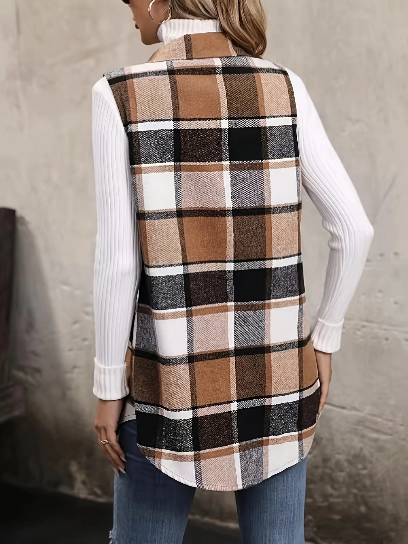 Plus Size Women Plus size Plaid Print Flap Detail Sleeveless Coat