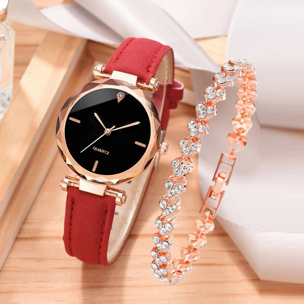 Women Watch 2pcs Luxury Fashion Women Watch Set PU Leather Strap Ladies Quartz Wristwatch Rhinestone RoseGold Alloy Bracelet for Ladies Gift