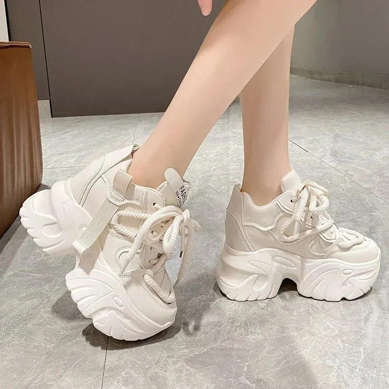 Sneaker women Walking Sneakers Autumn Lace-up High Platform Chunky Shoes Breathable Leather Shoes 10CM Winter Wedge Heels Casual Shoes