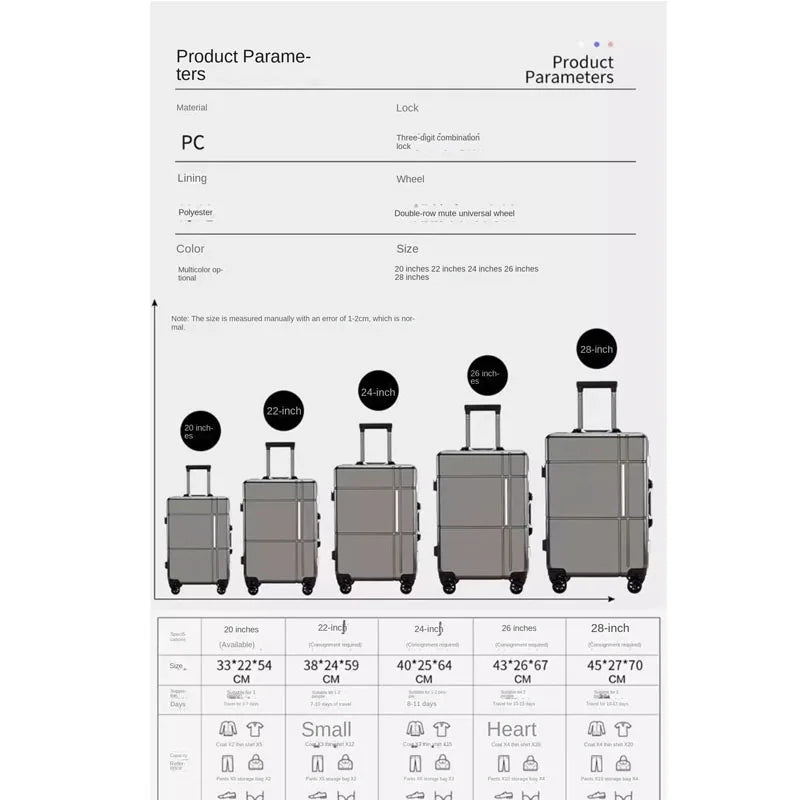 Travel Bag 20 Inch Suitcase Aluminum Frame Trolley Case Password Lock Luggage Carrier Large Capacity Boarding Suitcases on Wheels