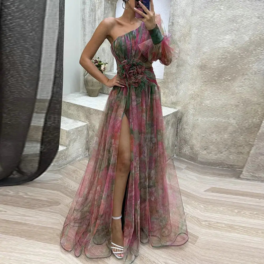 Formal Evening Dress Large Flower Embellished Evening Dress Doule-layered Tie-dye Flower Print Rose Mesh Bubble Sleeve Dress