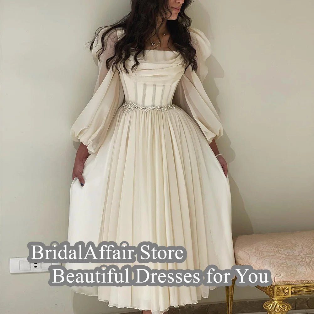 BridalAffair Dubai Beige Short Midi Arabic Evening Dress with Belt Long Sleeves Tea Length Women Formal Wedding Party Gowns