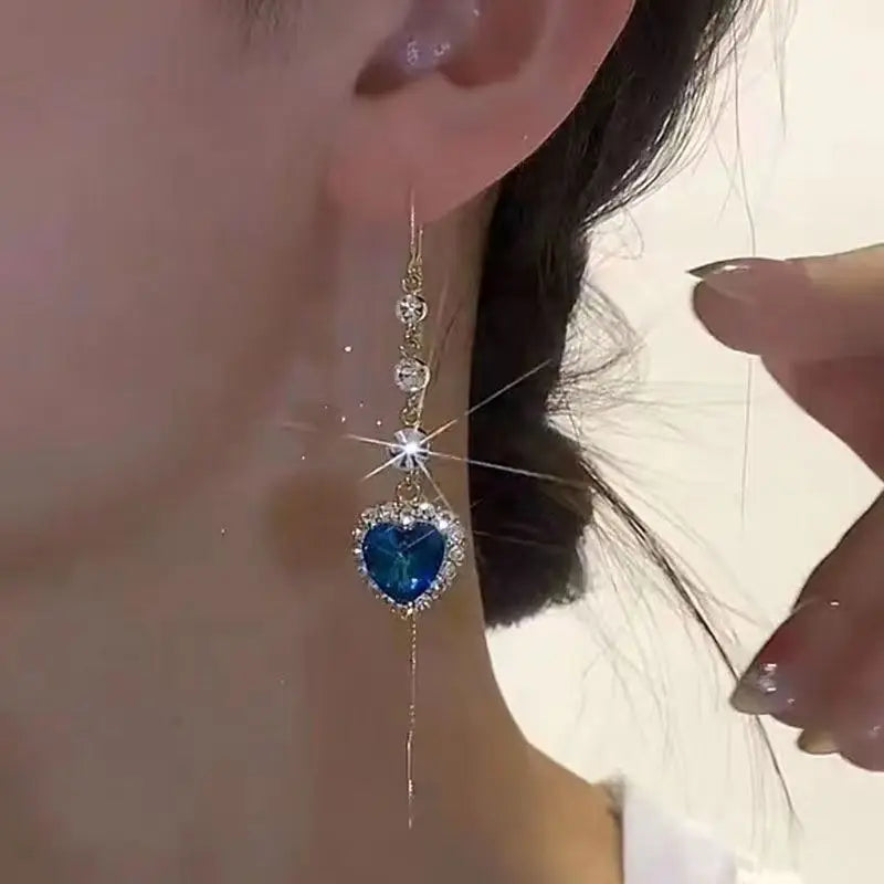 Earring  Exquisite Blue Heart Shaped Zircon Earrings for Women Luxury Long Tassel Ear Line Dangle Earring Ladies Wedding Party Jewelry