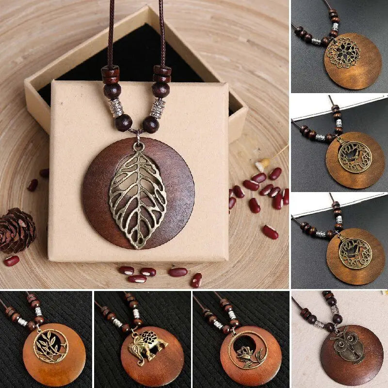 Necklaces Women Retro Boho Ethnic Long Pendant Sweater Necklace Wood Beads Women Jewelry Gift