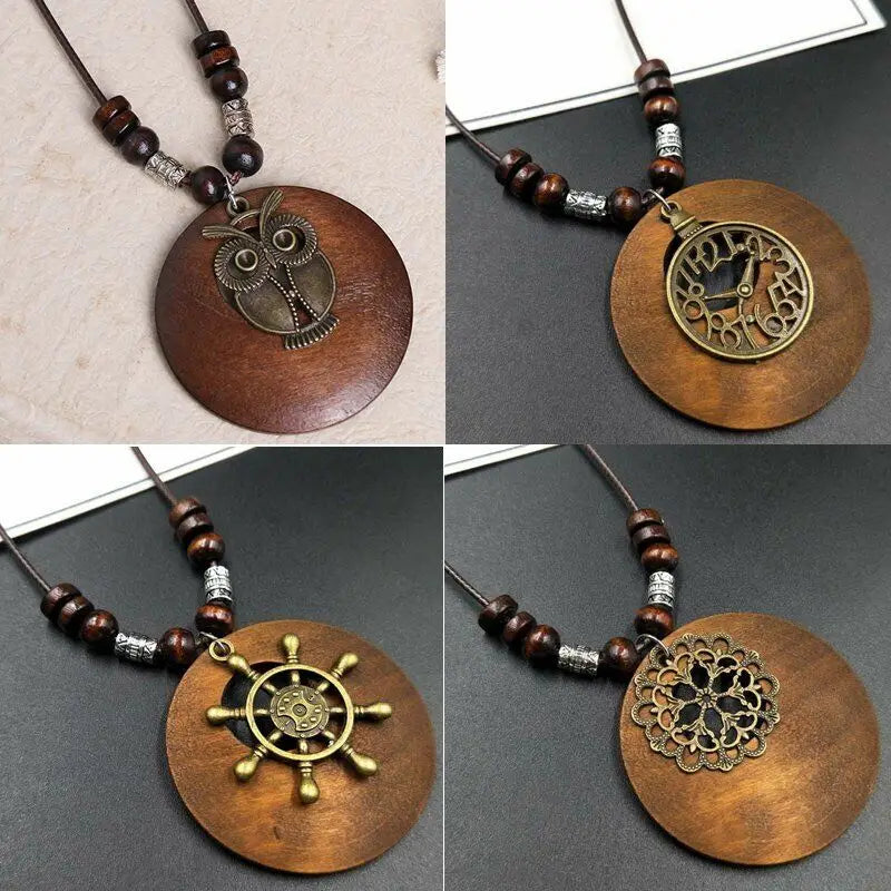 Necklaces Women Retro Boho Ethnic Long Pendant Sweater Necklace Wood Beads Women Jewelry Gift