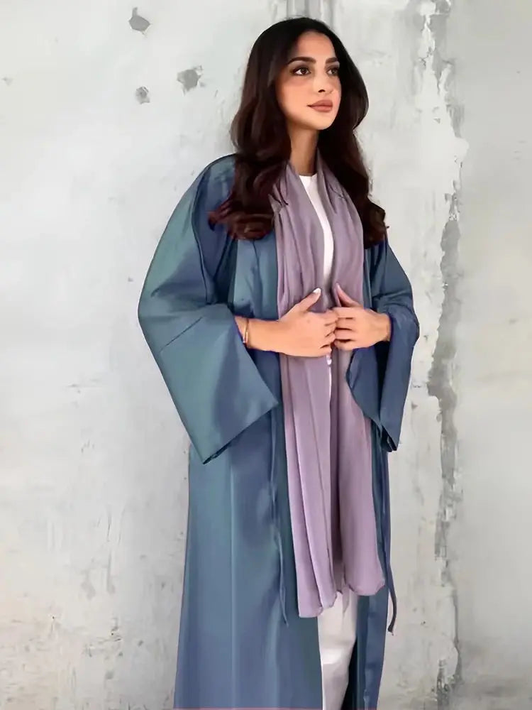 Eid Girl Open Modest Satin Kimono Pink Abaya Women Dubai Luxury Muslim Kaftan Dress Kebaya Robe Caftan Marocain Femme Musulmane