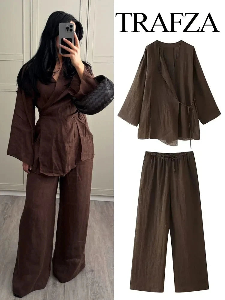 Pant-Sets Summer Fashion Linen Solid Color Shirt Set Belted Cardigan Kimono Top + High Waist Women's Pleated Pants 2-piece