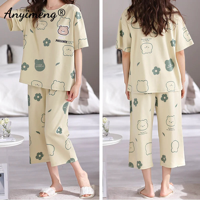 Pajama Sets 
Summer Women Plus Size Pajamas M-5XL Knee-length Casual Woman Sleepwear Big Size Ladies Elegant Floral Printing Pyjama Home Suit