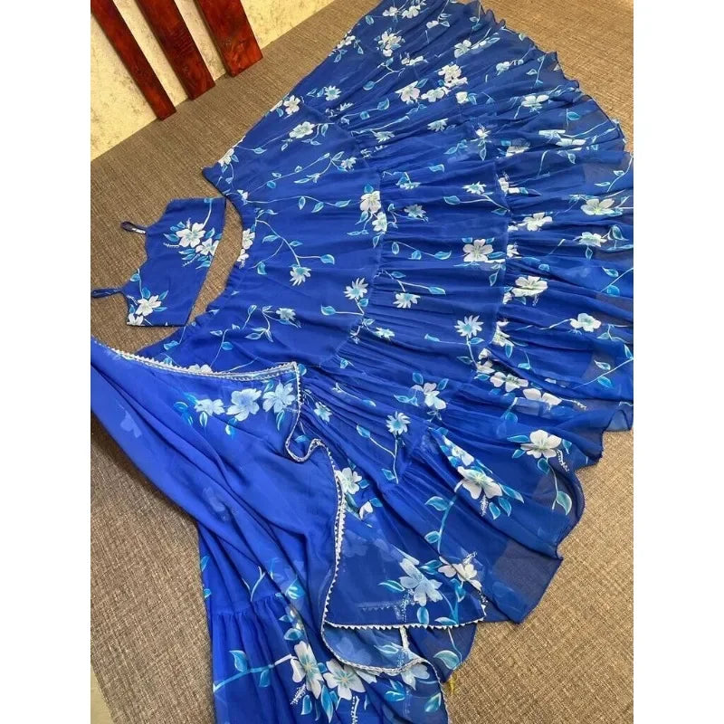 India and Pakistan Clothing 
Blue Print Lehenga Choli Strap Blouse Flower Print Dress Indian Clothing Semi Stitch