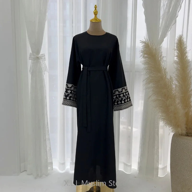 Linnen Abaya Floral Embroidery Muslim Party Dresses Woman's Prayer Garment Kebaya Dubai 2024 Luxury Long Loose Robe Clothing