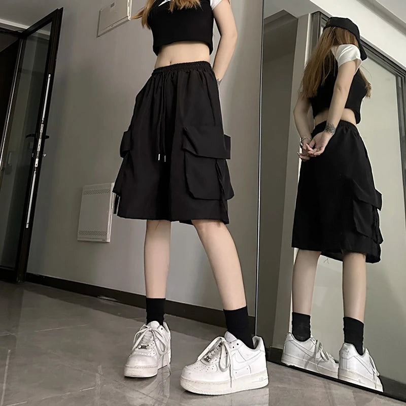 Shorts American Style Streetwear Summer Wide Leg Pants Fashion Female Big Pocket Loose Shorts New