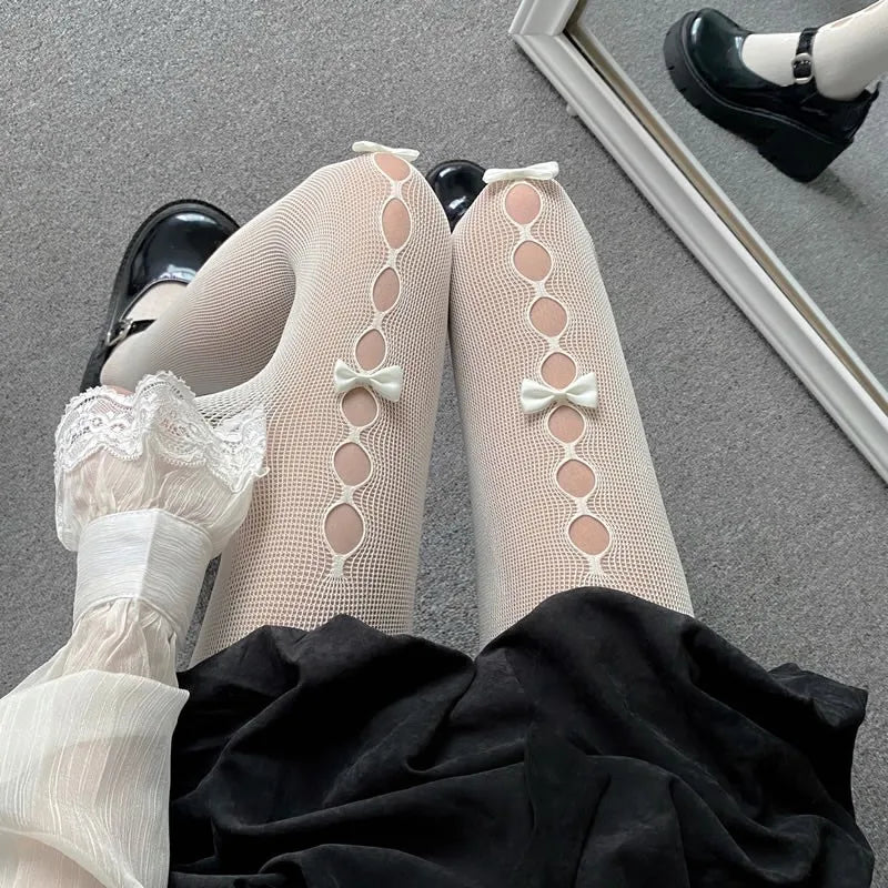 Tights 
Japanese Sweet Lolita Tights Women Kawaii White Bow Panty Socks Female JK Style Black Sexy Fishnets Stockings Thigh High Socks