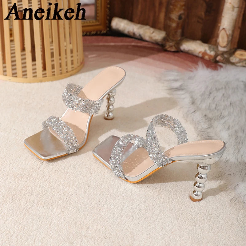 WOMEN SANDALS Sexy Silver Sequin rhinestone PVC Slippers For Women Square Toe Strange High Heels Sandals Summer Fashion Party Shoes