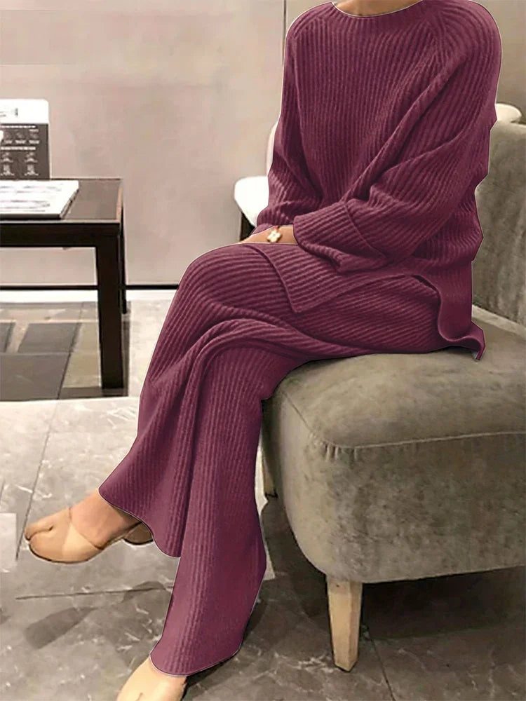 Plus Size Women's Casual Wear Set Solid Color Pullover Two Piece Knitted Sweater Round Neck Cardigan Long Sleeve Suit Trousers