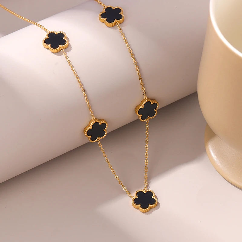 Necklaces Women 14K Gold Plated Stainless Steel Necklace Woman Five Leaf Petals Double Sided Necklaces for Women Pendant Flower Clover Jewelry