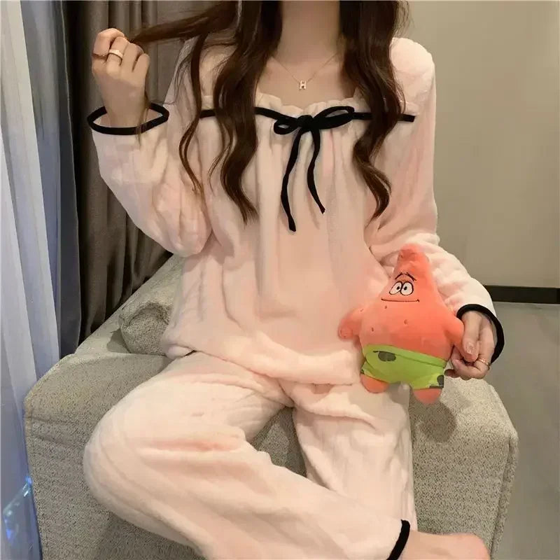 Winter Warm Sleepwear 
Square Collar Women Pajamas Set Winter Warm Sleepwear Fleece Velvet 2 Piece Pants Home Wear Suit Fluffy Korean Solid Night Wear