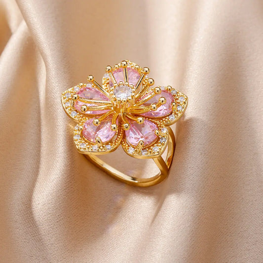 Luxury  Rings Pink Zircon Flower Rings for Women Gold Color Stainless Steel Ring 2024 Trend New in Elegant Luxury Aesthetic Jewelry anillos