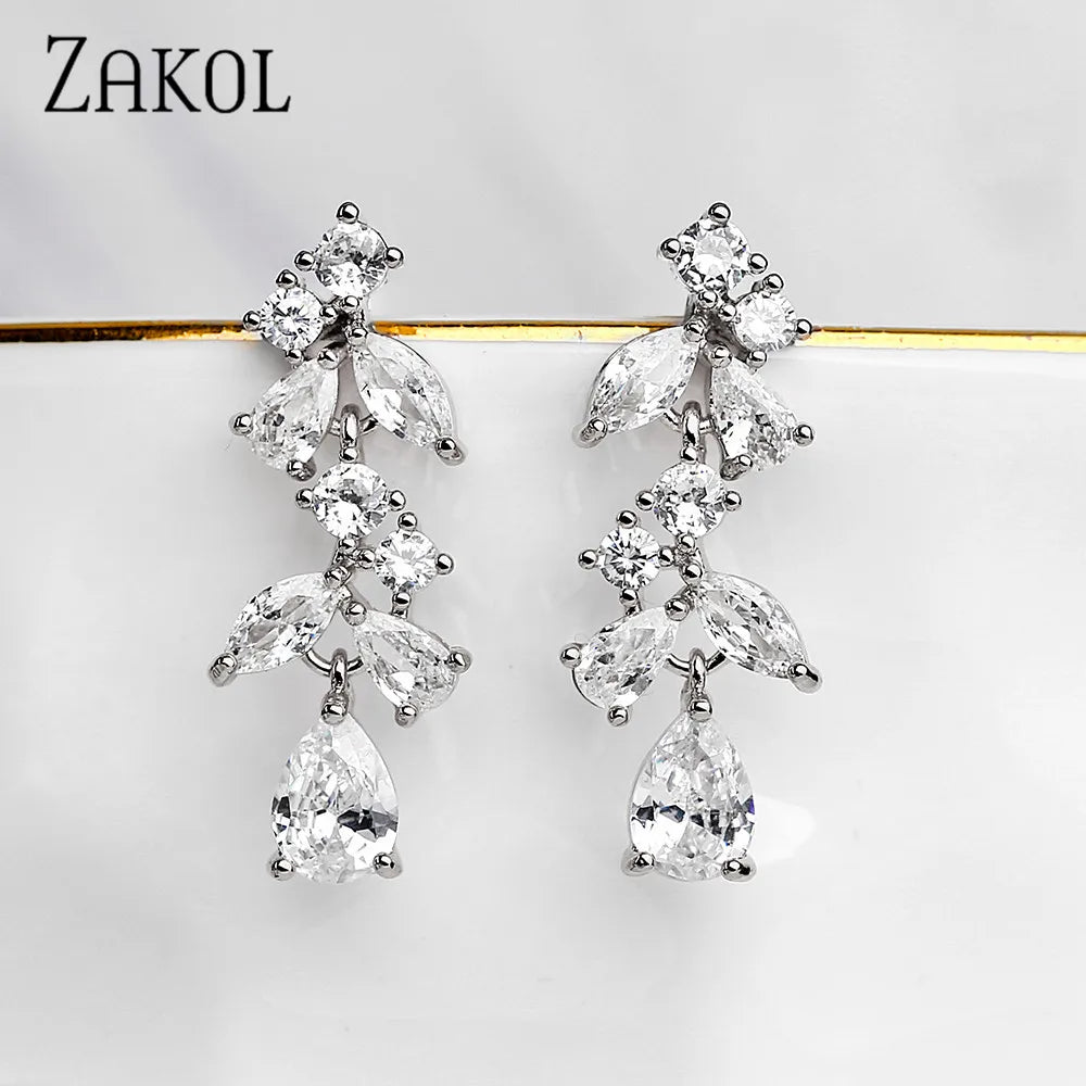 Earring  ZAKOL Luxury Leaf Shaped White Zirconia Dangle Earrings For Women Fashion Long Pendant Drop Earring Wedding Bridal Jewelry