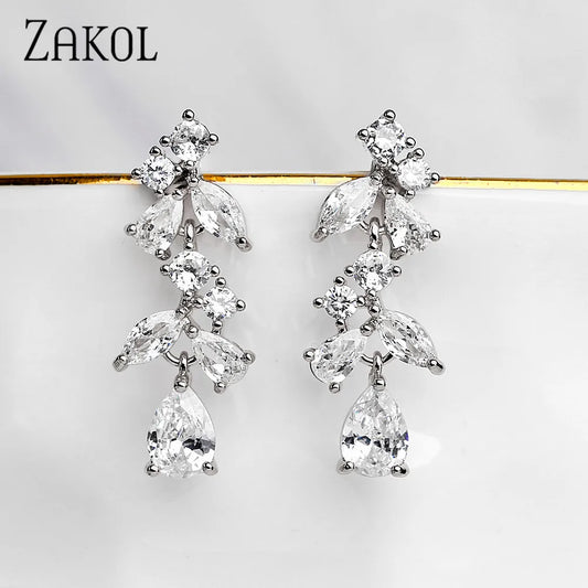 Earring  ZAKOL Luxury Leaf Shaped White Zirconia Dangle Earrings For Women Fashion Long Pendant Drop Earring Wedding Bridal Jewelry