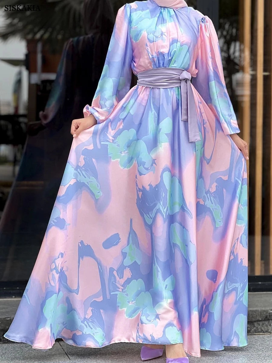 Siskakia Kaftan Eid Muslim Women Long Dresses Dubai Fashion Satin Party Gown High Neck Long Sleeve Belted Abayas Saudi Kebaya