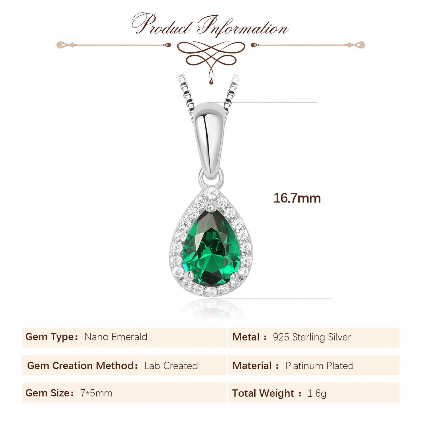 Necklaces Women Potiy Pear Simulated Nano Emerald 925 Sterling Silver Pendant Necklace no Chain Women Gemstone Statement Daily mini cute gift