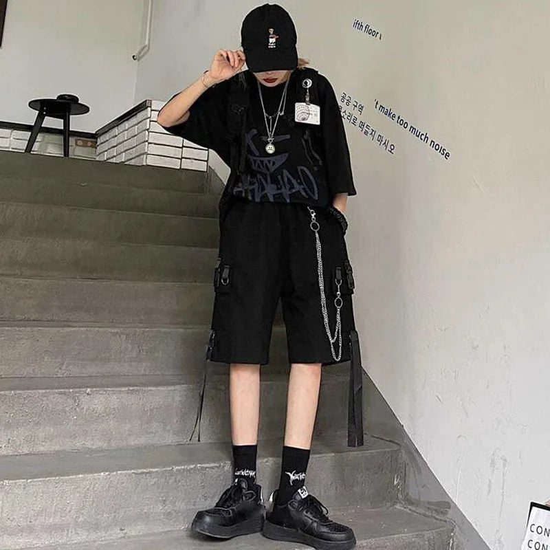 Shorts Casual Loose Cargo Shorts Women Harajuku Hip Hop Punk Large Pocket Wide Leg Shorts Fashion Chain High Waist Joggers Short Pants