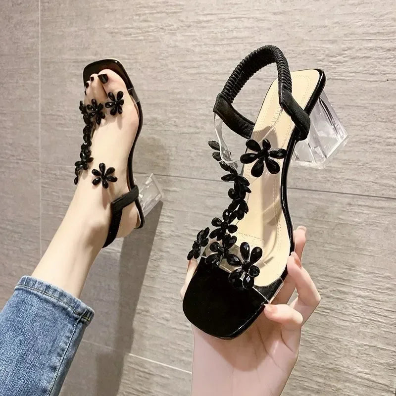 WOMEN SANDALS Women Sandals 2024 Summer Pvc Crystal Flower Chunky Heel Peep Toe Back Strap Elastic Elegant Fashion Shoes Ladies Zapatos