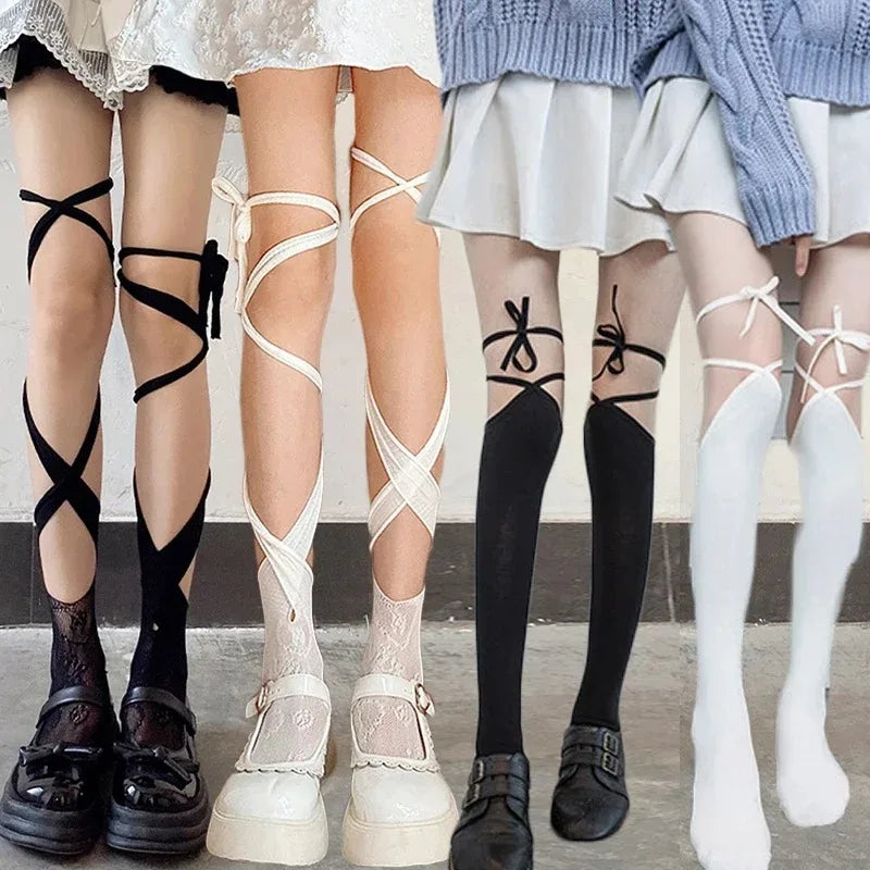 Stockings 
Jk Tie Lace Fishnet Stockings for Women Irregular Split-toe Calf Socks Middle Tube Socks Straps Summer Sexy Long Japanese Socks