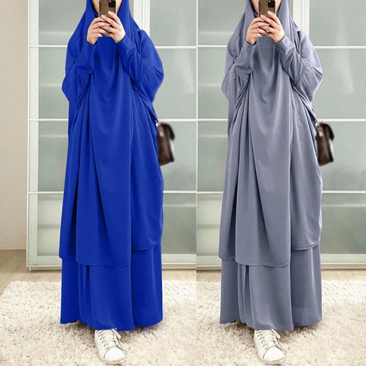 India and Pakistan Clothing 
Muslim Sets One Pieces Prayer Clothing Long Hooded Smocking Sleeve Shirts Hijab Loose Maxi Skirts Elastic Waist Women Abaya Sets