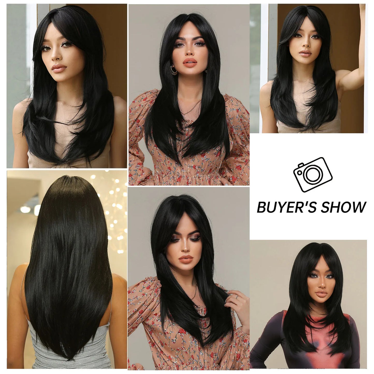 Hair Extensions and Wigs
Dark Black Layered Synthetic Wigs With Bangs Long Natural Straight Hairs Wig for Black Women Daily Cosplay Heat Resistant Fiber