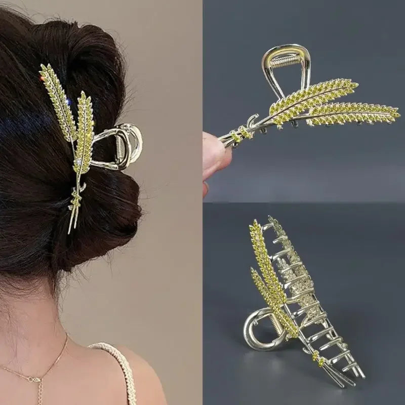 Elegant Look Luxury Rhinestone Wheat Ear Large Metal Gripper Hair Clip High Volume Female Shark Claw Clip Hair Accessories for Women 2023