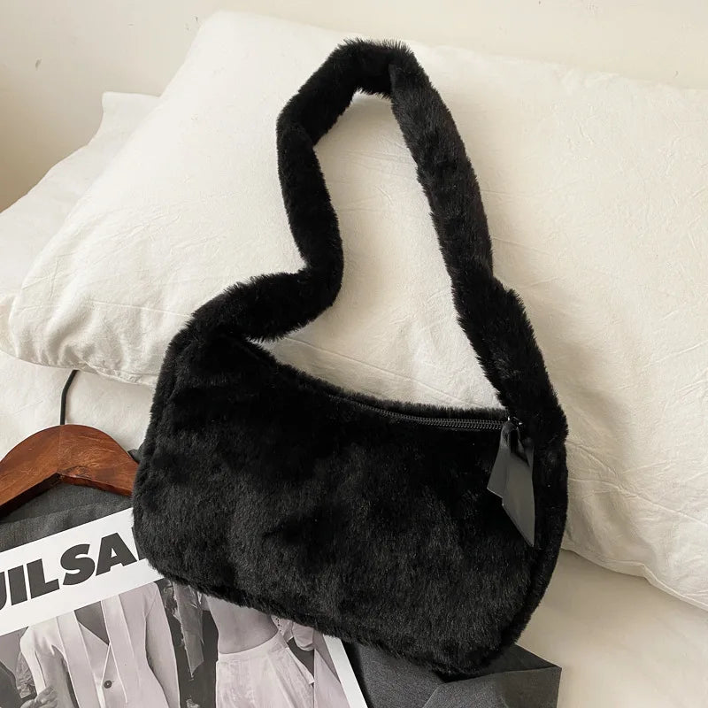 Handbags Simple Design Women Soft Plush Hobos Shoulder Bags Winter Furry Ladies Clutch Purse Handbag Fashion Female Underarm Bag