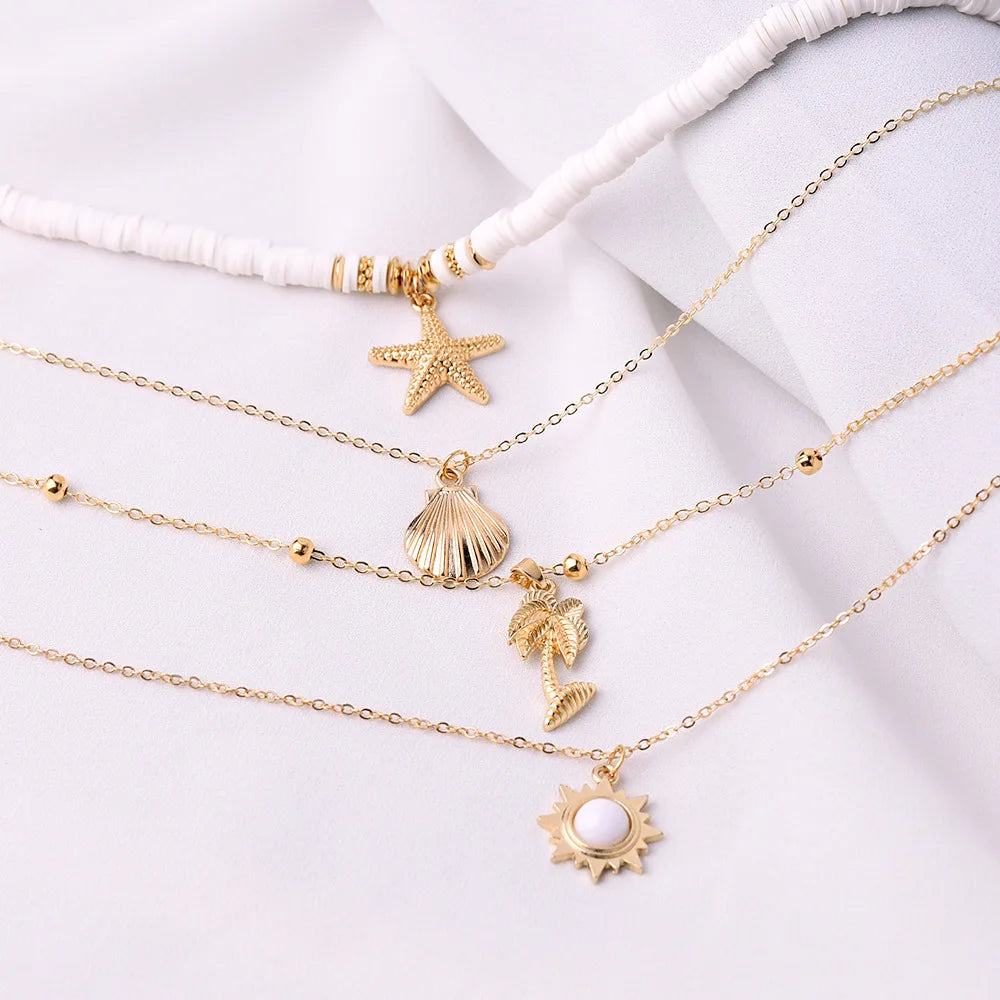 Necklaces Women Fashion New Bohemia Soft Clay Shell Star Sun Pendant Chain Layered Necklace for Women Girls Summer Beach Simple Layered Necklace