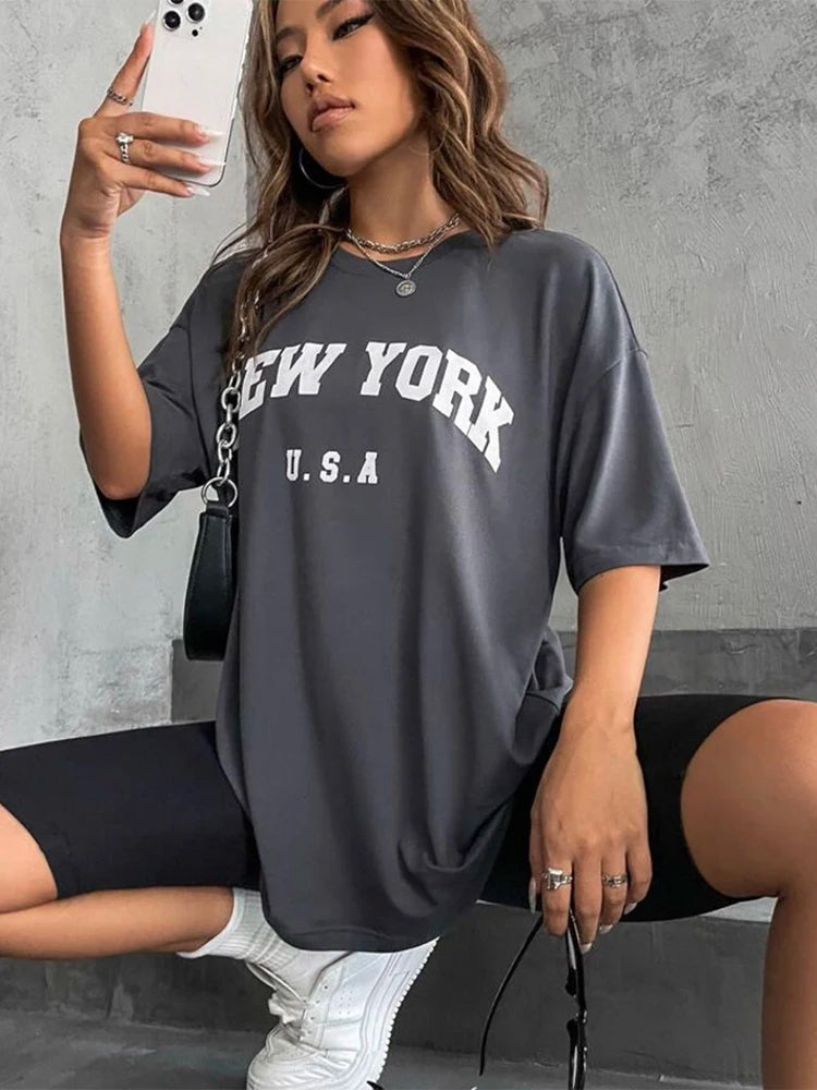 Plus Size Blessyuki New York Letter Print T-shirts Female Summer Basic O-neck Tees Casual Retro Streetwear Ladies Harajuku Plus Size Tops