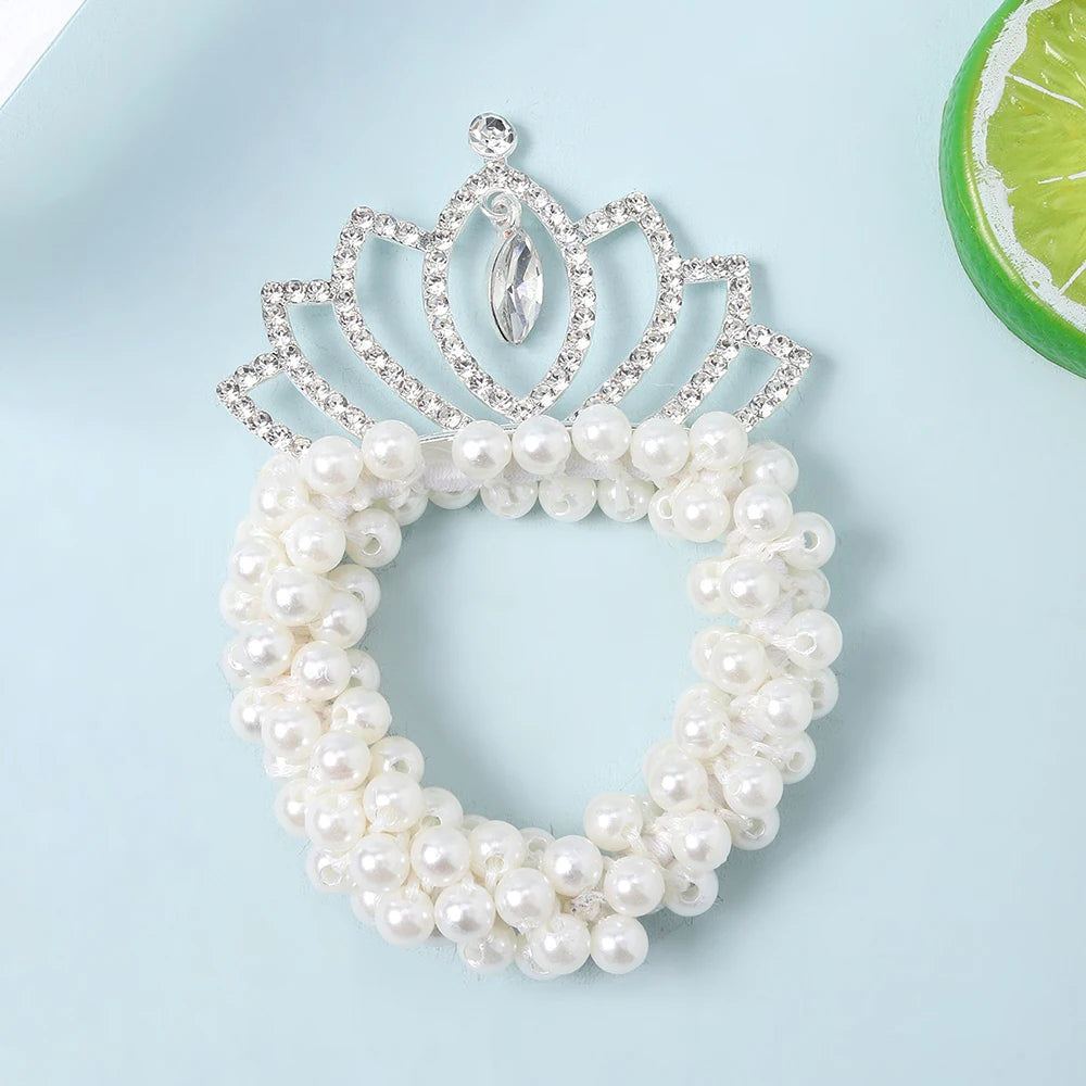 Elegant Look Rhinestone Crown Pearl Scrunchie Hair Tie Cute Bun Hair Rope for Girls High-End Light Luxury Princess Hair Accessories