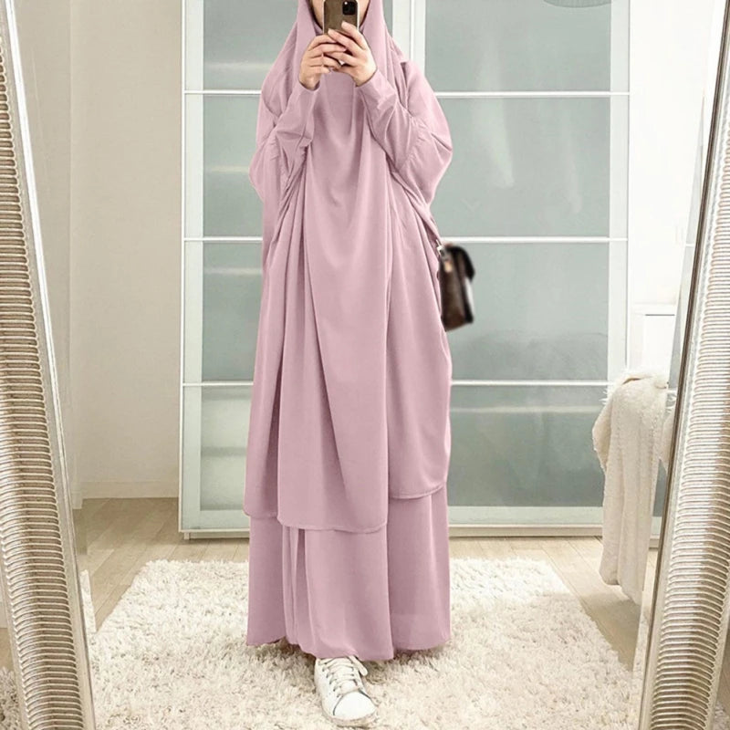 India and Pakistan Clothing 
Muslim Sets One Pieces Prayer Clothing Long Hooded Smocking Sleeve Shirts Hijab Loose Maxi Skirts Elastic Waist Women Abaya Sets