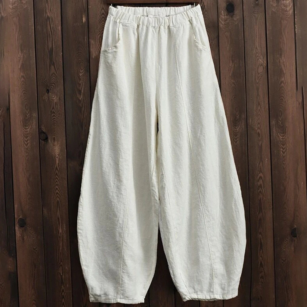 Pants Cotton Linen Style Bloomers Wide Leg Pants Women Vintage Full Length Elegent Pants Solid Elasitic Waist S-5XL