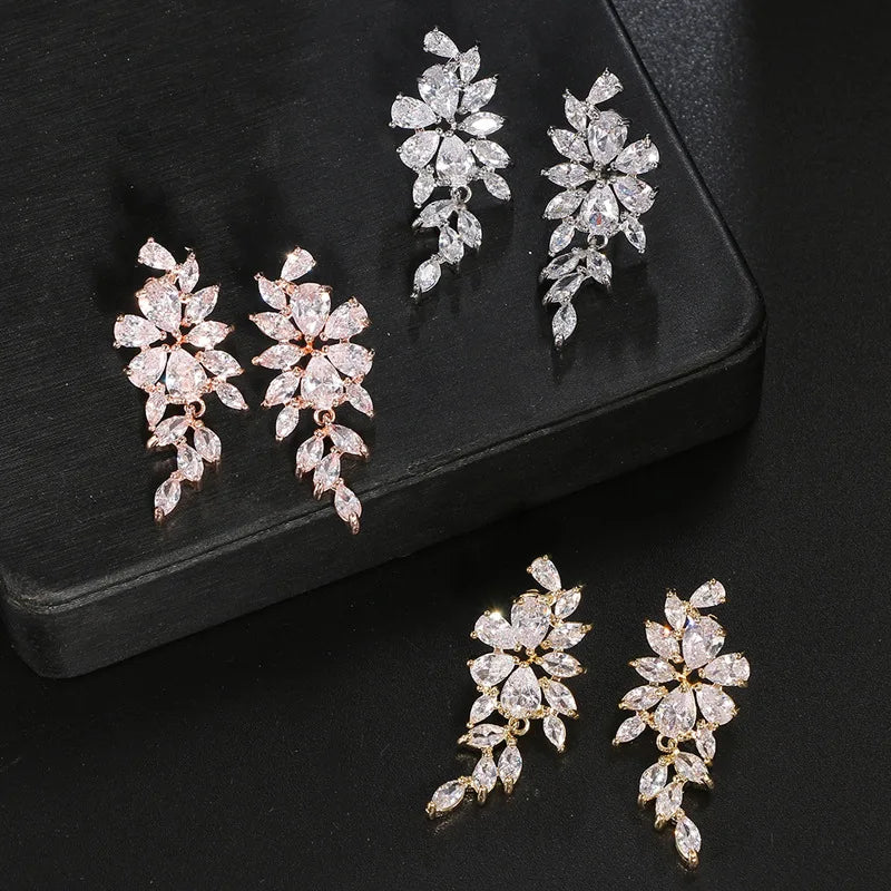 Earring  LXOEN Luxury Gorgeous Marquise Cluster Flower Shape Cubic Zirconia Long Dangle Drop Earrings for Brides Wedding Jewelry