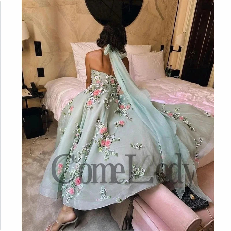 Comelody Formal Party Dresses For Women Saudi Arabric Halter Ribbons Floral Print Backleess Ankle-Length Prom Formal Evening