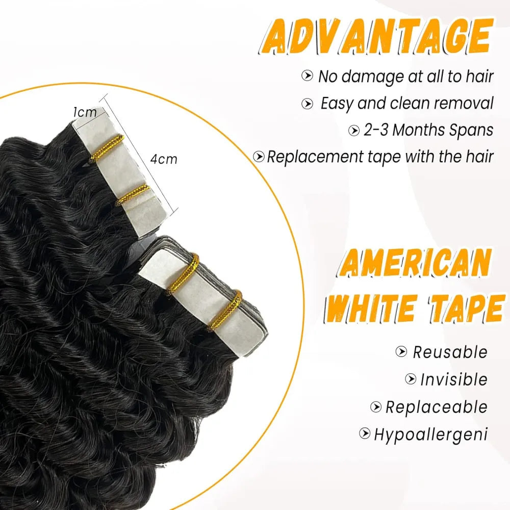 Hair Extensions and Wigs
Deep Wave Tape In Hair Extensions Skin Weft Adhesive Natural Black Tape In Curly Human Hair Extension 16-26 Inch Brazilian Hair