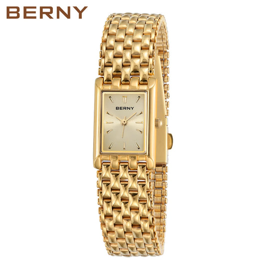 Women Watch BERNY Gold Watch for Women Square Ladies Quartz Wristwatches Stainless Steel Women Small Gold Watch Luxury Casual Fashion Watch