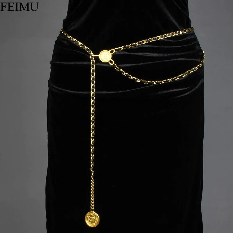 Waist Chain Luxury Women's metal waist chain accessories Decorative circle carved chain belt high style accessories Women Sexy chain Belt