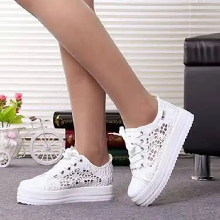 canvas shoes  Fashion Summer Casual White Shoes Cutouts Lace Canvas Hollow Breathable Platform Flat Shoes Woman Sneakers