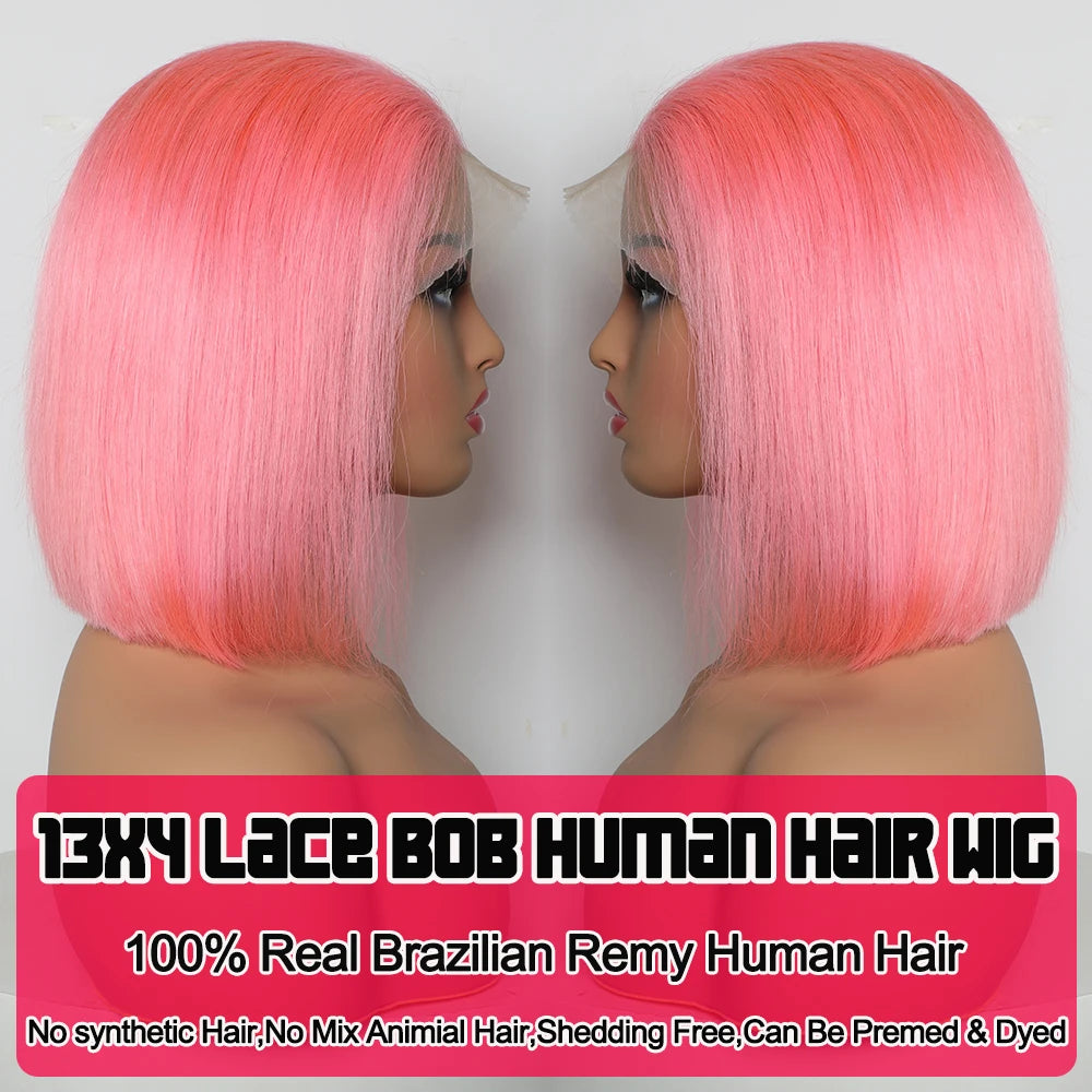 Hair Extensions and Wigs
Pink Color Short Straight Lace Bob Wig 180% Density 13x4 Transparent Lace Frontal Wig Brazilian Remy Put On Go Human Hair Wigs