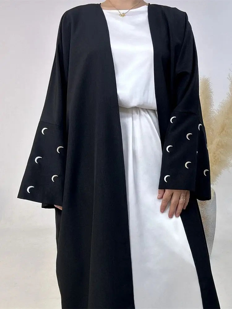 Moon Embroidery Open Abaya 2024 New Luxury Kimono Coat Hijab Muslim Sets for Women Islam Retro Modest Clothing for Party Kebaya