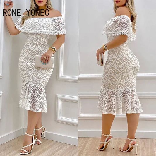 Knitted-Dress Women Solid Chic Off Shoulder Ruffle Hem Lace Hem Bodycon Sexy Formal Party Dress